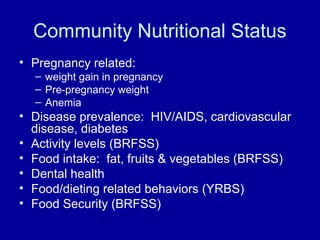 Community Nutritional Status
• Pregnancy related:
– weight gain in pregnancy
– Pre-pregnancy weight
– Anemia
• Disease prevalence: HIV/AIDS, cardiovascular
disease, diabetes
• Activity levels (BRFSS)
• Food intake: fat, fruits & vegetables (BRFSS)
• Dental health
• Food/dieting related behaviors (YRBS)
• Food Security (BRFSS)
 