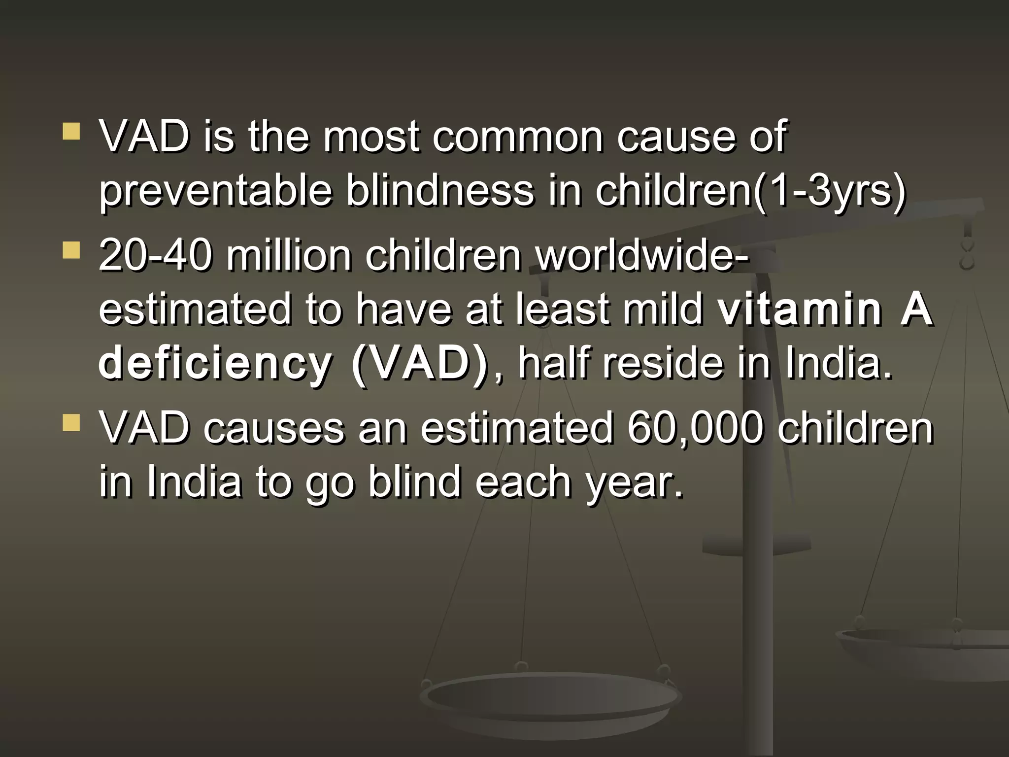  VAD is the most common cause ofVAD is the most common cause of
preventable blindness in children(1-3yrs)preventable blindness in children(1-3yrs)
 20-40 million children worldwide-20-40 million children worldwide-
estimated to have at least mildestimated to have at least mild vitamin Avitamin A
deficiency (VAD)deficiency (VAD), half reside in India., half reside in India.
 VAD causes an estimated 60,000 childrenVAD causes an estimated 60,000 children
in India to go blind each year.in India to go blind each year.
 