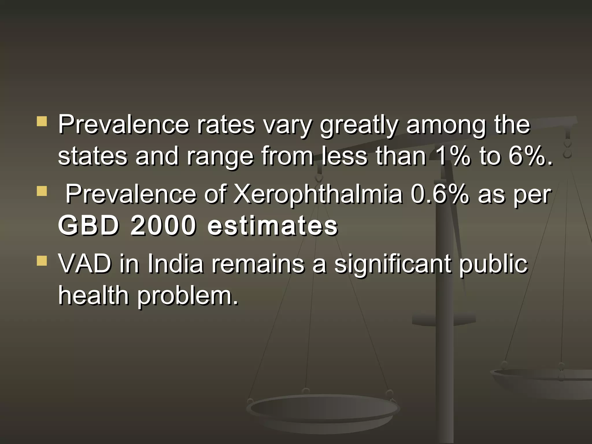  Prevalence rates vary greatly among thePrevalence rates vary greatly among the
states and range from less than 1% to 6%.states and range from less than 1% to 6%.
 Prevalence of Xerophthalmia 0.6% as perPrevalence of Xerophthalmia 0.6% as per
GBD 2000 estimatesGBD 2000 estimates
 VAD in India remains a significant publicVAD in India remains a significant public
health problem.health problem.
 