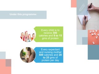 Under this programme:
Every child is to
receive 300
calories and 8 to 15
gms of protein
Every expectant
and nursing mother
500 calories and 20
to 25 gms of
protein per day
 