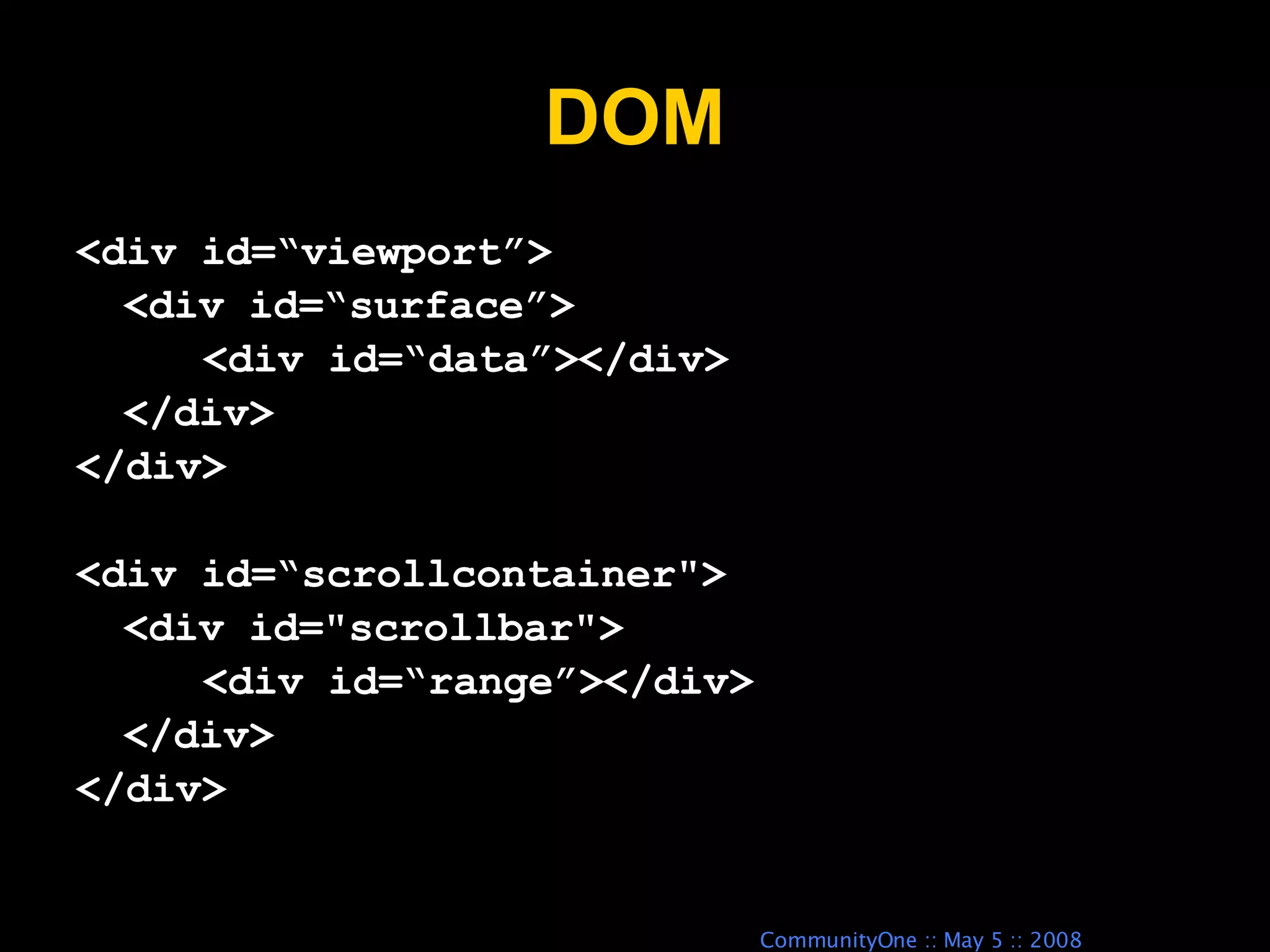 DOM <div id=“viewport”> <div id=“surface”> <div id=“data”></div> </div> </div> <div id=“scrollcontainer&quot;> <div id=&quot;scrollbar&quot;> <div id=“range”></div> </div> </div> 