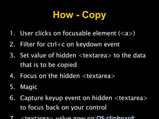 How - Copy User clicks on focusable element (<a>) Filter for ctrl+c on keydown event Set value of hidden <textarea> to the data that is to be copied Focus on the hidden <textarea> Magic Capture keyup event on hidden <textarea> to focus back on your control <textarea> value now on OS clipboard 