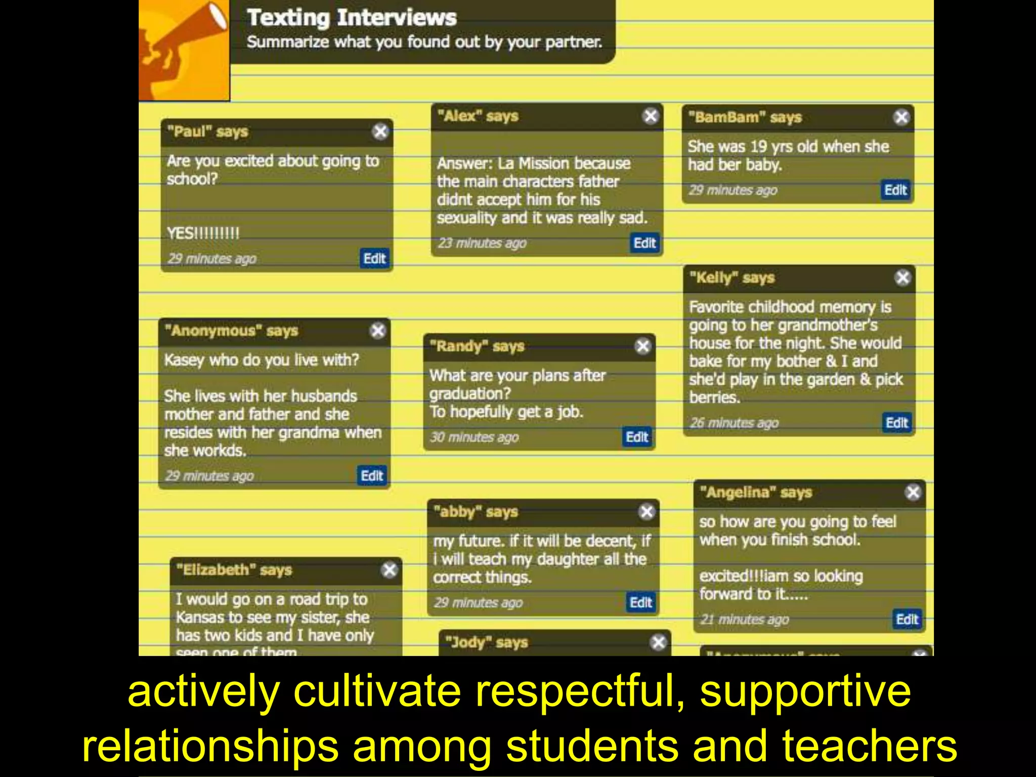 Brown, R. (2001). The Process of Community Building in a Distance Learning Classes
provide regular opportunities
cooperation and collaboration
 