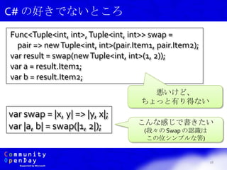 18
C# の好きでないところ
Func<Tuple<int, int>,Tuple<int, int>> swap =
pair => newTuple<int, int>(pair.Item2, pair.Item1);
var result = swap(newTuple<int, int>(1, 2));
var a = result.Item1;
var b = result.Item2;
悪いけど、
ちょっと有り得ない
var swap = |x, y| => |y, x|;
var |a, b| = swap(|1, 2|); こんな感じで書きたい
(我々の Swap の認識は
この位シンプルな筈)
 