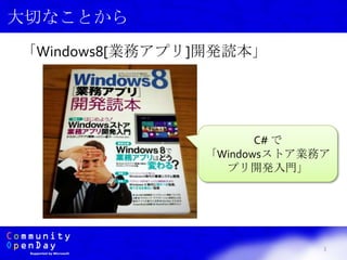 「Windows8[業務アプリ]開発読本」
3
大切なことから
C# で
「Windowsストア業務ア
プリ開発入門」
 