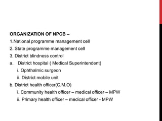 ORGANIZATION OF NPCB –
1.National programme management cell
2. State programme management cell
3. District blindness control
a. District hospital ( Medical Superintendent)
i. Ophthalmic surgeon
ii. District mobile unit
b. District health officer(C.M.O)
i. Community health officer – medical officer – MPW
ii. Primary health officer – medical officer - MPW
 