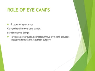 ROLE OF EYE CAMPS
 2 types of eye camps
Comprehensive eye care camps
Screening eye camps
 Patients are provided comprehensive eye care services
including refraction, cataract surgery
 