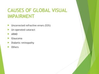 CAUSES OF GLOBAL VISUAL
IMPAIRMENT
 Uncorrected refractive errors (53%)
 Un-operated cataract
 ARMD
 Glaucoma
 Diabetic retinopathy
 Others
 