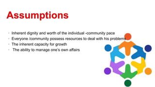 • Inherent dignity and worth of the individual -community pace
• Everyone /community possess resources to deal with his problems
• The inherent capacity for growth
• The ability to manage one’s own affairs
 