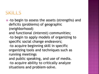  -to begin to assess the assets (strengths) and
deficits (problems) of geographic
(neighborhood)
and functional (interest) communities;
-to begin to apply models of organizing to
specific social change endeavors;
-to acquire beginning skill in specific
organizing tools and techniques such as
running meetings
and public speaking, and use of media.
-to acquire ability to critically analyze
situations and problem-solve.
 