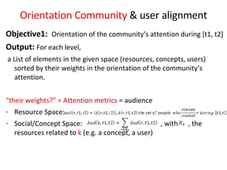 Objective1:  Orientation of the community’s attention during [t1, t2]  Output:  For each level,  a  List of elements in the given space (resources, concepts, users) sorted by their weights in the orientation of the community’s attention.  “ their weights?” = Attention metrics  = audience Resource Space:  Social/Concept Space:  , with  , the resources related to  k  (e.g. a concept, a user) Orientation Community  & user alignment 