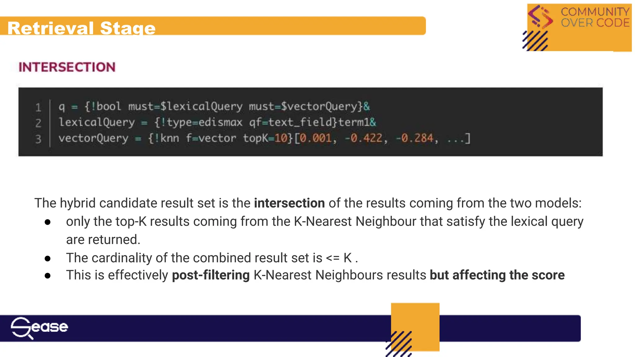 Retrieval Stage
The hybrid candidate result set is the intersection of the results coming from the two models:
● only the top-K results coming from the K-Nearest Neighbour that satisfy the lexical query
are returned.
● The cardinality of the combined result set is <= K .
● This is effectively post-filtering K-Nearest Neighbours results but affecting the score
 