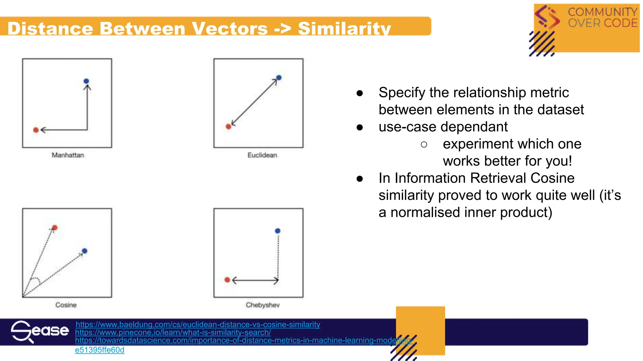 Distance Between Vectors -> Similarity
https://www.pinecone.io/learn/what-is-similarity-search/
https://towardsdatascience.com/importance-of-distance-metrics-in-machine-learning-modelling-
e51395ffe60d
● Specify the relationship metric
between elements in the dataset
● use-case dependant
○ experiment which one
works better for you!
● In Information Retrieval Cosine
similarity proved to work quite well (it’s
a normalised inner product)
https://www.baeldung.com/cs/euclidean-distance-vs-cosine-similarity
 