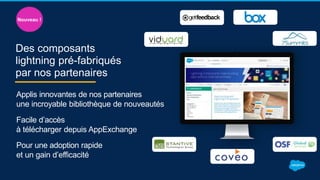 Des composants
lightning pré-fabriqués
par nos partenaires
Applis innovantes de nos partenaires
une incroyable bibliothèque de nouveautés
Facile d’accès
à télécharger depuis AppExchange
Pour une adoption rapide
et un gain d’efficacité
Nouveau !
 