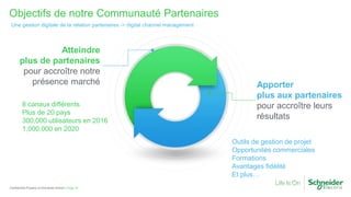 Page 16Confidential Property of Schneider Electric |
Objectifs de notre Communauté Partenaires
Une gestion digitale de la relation partenaires -> digital channel management
Atteindre
plus de partenaires
pour accroître notre
présence marché Apporter
plus aux partenaires
pour accroître leurs
résultats
8 canaux différents
Plus de 20 pays
300,000 utilisateurs en 2016
1,000,000 en 2020
Outils de gestion de projet
Opportunités commerciales
Formations
Avantages fidélité
Et plus…
 