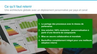 Ce qu’il faut retenir
Une architecture globale avec un déploiement personnalisé par pays et canal
1. Le partage des processus avec le réseau de
partenaires
2. Une solution 100% modulaire : personnalisation à
partir d’une librairie de composants
3. Mise en oeuvre collaborative et mondiale
4. Backoffice complètement intégré pour une meilleure
adoption interne
 