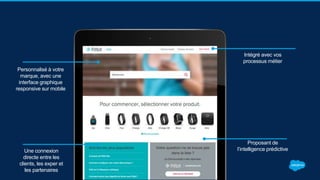 Personnalisé à votre
marque, avec une
interface graphique
responsive sur mobile
Une connexion
directe entre les
clients, les exper et
les partenaires
Intégré avec vos
processus métier
Proposant de
l’intelligence prédictive
 