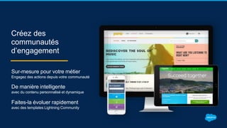 Sur-mesure pour votre métier
Engagez des actions depuis votre communauté
De manière intelligente
avec du contenu personnalisé et dynamique
Faites-la évoluer rapidement
avec des templates Lightning Community
Créez des
communautés
d’engagement
 