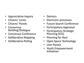 Appreciative InquiryCitizens’ JuriesCitizens’ PanelsConsensus Building/DialogueConsensus ConferenceDeliberative MappingDeliberative PollingDemocsElectronic processesFuture Search ConferenceParticipatory AppraisalParticipatory Strategic Planning (ICA)Planning for RealOpen Space TechnologyUser PanelsYouth Empowerment Initiatives