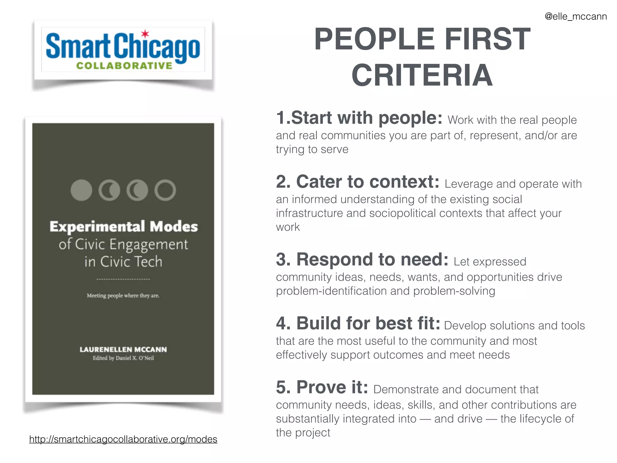 PEOPLE FIRST
CRITERIA
1.Start with people: Work with the real people
and real communities you are part of, represent, and/or are
trying to serve
2. Cater to context: Leverage and operate with
an informed understanding of the existing social
infrastructure and sociopolitical contexts that affect your
work
3. Respond to need: Let expressed
community ideas, needs, wants, and opportunities drive
problem-identiﬁcation and problem-solving
4. Build for best ﬁt: Develop solutions and tools
that are the most useful to the community and most
effectively support outcomes and meet needs
5. Prove it: Demonstrate and document that
community needs, ideas, skills, and other contributions are
substantially integrated into — and drive — the lifecycle of
the project
@elle_mccann
http://smartchicagocollaborative.org/modes
 