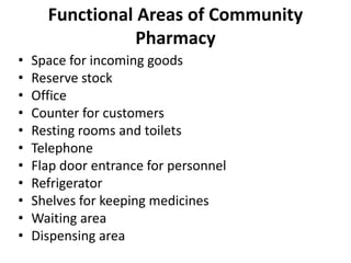 Functional Areas of Community
Pharmacy
• Space for incoming goods
• Reserve stock
• Office
• Counter for customers
• Resting rooms and toilets
• Telephone
• Flap door entrance for personnel
• Refrigerator
• Shelves for keeping medicines
• Waiting area
• Dispensing area
 