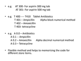 • e.g. AT 300- For aspirin 300 mg tab
AT 301- For aspirin 500 mg tab
• e.g. T 400 ---- T410 Tablet Antibiotics
T 401 – Ampicillin Alpha block numerical method
T 402 – Amoxicillin
T 403- tetracycline
• e.g. A 0.0 – Antibiotics
A 0.1 -- Ampicillin
A 0.2 – Amoxicillin Alpha decimal numerical method
A 0.3 – Tetracycline
• Flexible method and helps to memorising the code for
different store items.
 