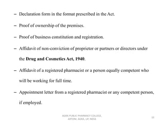 – Declaration form in the format prescribed in the Act.
– Proof of ownership of the premises.
– Proof of business constitution and registration.
– Affidavit of non-conviction of proprietor or partners or directors under
the Drug and Cosmetics Act, 1940.
– Affidavit of a registered pharmacist or a person equally competent who
will be working for full time.
– Appointment letter from a registered pharmacist or any competent person,
if employed.
AGRA PUBLIC PHARMACY COLLEGE,
ARTONI, AGRA, UP, INDIA
10
 