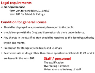 Legal requirements
General license
form 20A for Schedule C,C1 and X
form 20F for Schedule X drugs
Condition for general license
• Should be displayed in a prominent place open to the public.
• should comply with the Drug and Cosmetics rule there under in force.
• Any change in the qualified staff should be reported to the licensing authority
within one month.
• Precaution for storage of schedule C and C1 drugs
• Restricted sale of drugs other than those specified in Schedule C, C1 and X
are issued in the form 20A Staff / personnel
The qualification
Over hiring is avoided
Orientation and training of staff
 