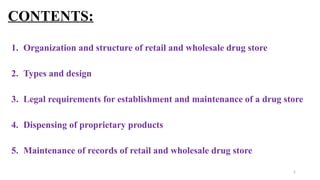 2
CONTENTS:
1. Organization and structure of retail and wholesale drug store
2. Types and design
3. Legal requirements for establishment and maintenance of a drug store
4. Dispensing of proprietary products
5. Maintenance of records of retail and wholesale drug store
 