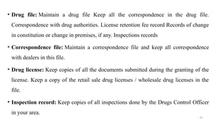 28
• Drug file: Maintain a drug file Keep all the correspondence in the drug file.
Correspondence with drug authorities. License retention fee record Records of change
in constitution or change in premises, if any. Inspections records
• Correspondence file: Maintain a correspondence file and keep all correspondence
with dealers in this file.
• Drug license: Keep copies of all the documents submitted during the granting of the
license. Keep a copy of the retail sale drug licenses / wholesale drug licenses in the
file.
• Inspection record: Keep copies of all inspections done by the Drugs Control Officer
in your area.
 