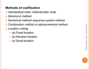 Methods of codification
 Alphabetical order method/Letter code
 Mnemonic method
 Numerical method/ sequence system method
 Combination method or alphanumerical method
 Location coding
 (a) Fixed location
 (b) Random location
 (c) Zonal location
7
Dr.SubhashR.Yende,GNCP,Nagpur
 