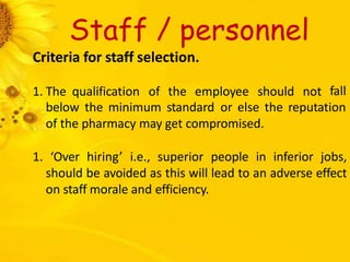Staff / personnel
Criteria for staff selection.
1. The qualification of the employee should not fall
below the minimum standard or else the reputation
of the pharmacy may get compromised.
1. ‘Over hiring’ i.e., superior people in inferior jobs,
should be avoided as this will lead to an adverse effect
on staff morale and efficiency.
 