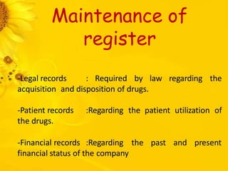 Maintenance of
register
law regarding the
-Legal records : Required by
acquisition and disposition of drugs.
-Patient records :Regarding the patient utilization of
the drugs.
-Financial records :Regarding the past and present
financial status of the company
 