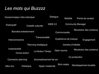 Les mots qui Buzzzz Consommateur infra individuel WEB 2.0 Participatif Dialogue Communautés Branded entertainment Planning...