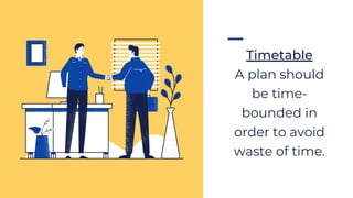 Timetable
A plan should
be time-
bounded in
order to avoid
waste of time.
 