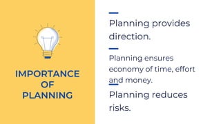 Planning provides
direction.
IMPORTANCE
OF
PLANNING
Planning ensures
economy of time, effort
and money.
Planning reduces
risks.
 
