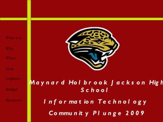 Maynard Holbrook Jackson High School  Information Technology  Community Plunge 2009 What is it Why When How Logistics Budget Sponsors 