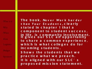 The book,  Never Work harder than Your Students,  clearly stated in chapter 1 that a component to student success, in life, is community involvement.  What is it Why When How Logistics Budget Sponsors It gives our SLC an opportunity to share a common experience, which is what colleges do for incoming students. Shows the students that we practice what we preach. It is aligned with our SLC’s proposed mission statement. 