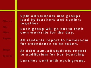 Split all students into groups lead by teachers and seniors together.  What is it Why When Logistics Budget Sponsors Each group will go out to their own worksite for the day.  All students report to homeroom for attendance to be taken. At 8:30 a.m. all students report to auditorium for bus boarding. Lunches sent with each group. 