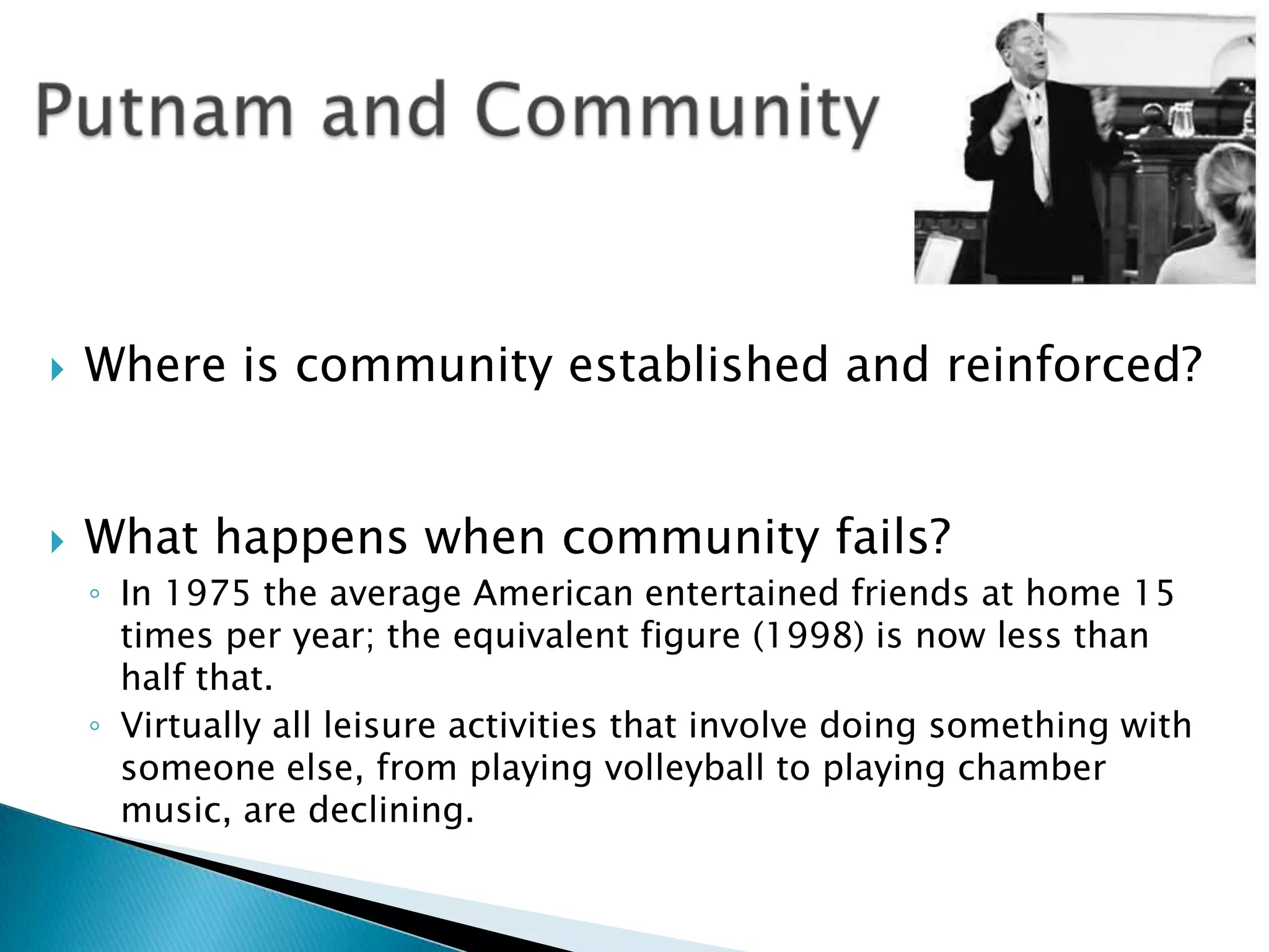Putnam and CommunityWhere is community established and reinforced?What happens when community fails?In 1975 the average American entertained friends at home 15 times per year; the equivalent figure (1998) is now less than half that. Virtually all leisure activities that involve doing something with someone else, from playing volleyball to playing chamber music, are declining.
