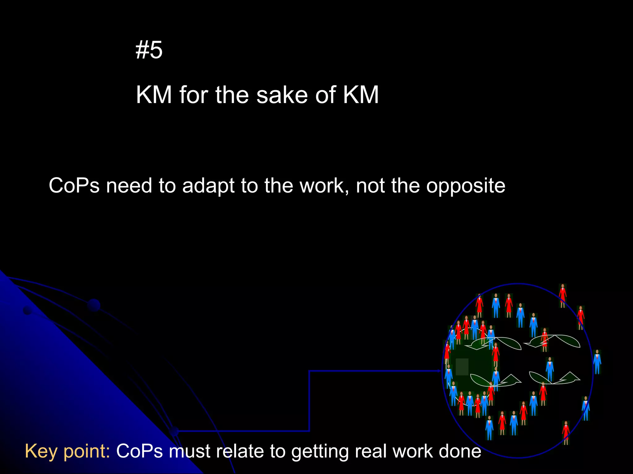 #5 KM for the sake of KM CoPs need to adapt to the work, not the opposite Key point:  CoPs must relate to getting real work done 