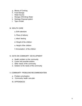 8 
g. Means of Cooking 
h. Food Storage 
i. Water Source 
j. Storage of Drinking Water 
k. Garbage Disposal system 
l. Type of toilet 
III. HEALTH CARE 
a. Birth attendant 
b. Place of delivery 
c. Infant feeding 
d. Weight of the children 
e. Height of the children 
f. Immunization of the children 
IV. DATA ON COMMUNITY DEVELOPMENT 
a. Health problem on the community 
b. Cause and possible solution 
c. Other needs of the community 
d. Solution to the needs of the community 
V. COMMUNITY PROBLEMS RECOMMENDATION 
a. Problem prioritization 
b. Community health care plan 
IX. APPENDICES 
 