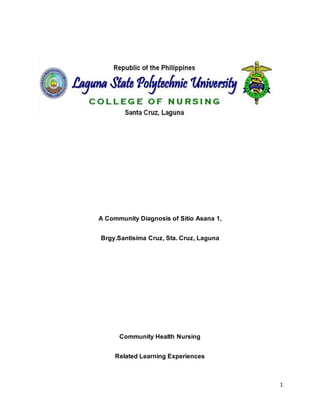 1 
A Community Diagnosis of Sitio Asana 1, 
Brgy.Santisima Cruz, Sta. Cruz, Laguna 
Community Health Nursing 
Related Learning Experiences 
 