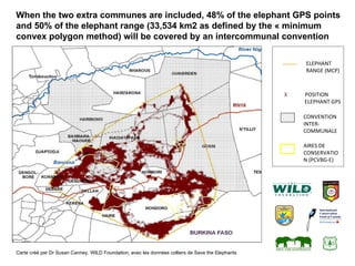 Carte créé par Dr Susan Canney, WILD Foundation, avec les données colliers de Save the Elephants  When the two extra communes are included, 48% of the elephant GPS points and 50% of the elephant range ( 33,534 km2 as defined by the « minimum convex polygon method)   will be covered by an intercommunal convention ELEPHANT RANGE (MCP) AIRES DE CONSERVATION (PCVBG-E) X  POSITION ELEPHANT GPS CONVENTION INTER-COMMUNALE 