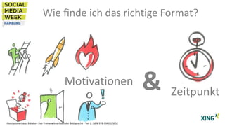 Wie finde ich das richtige Format?

Motivationen

Illustrationen aus: Biklabo - Das Trainerwörterbuch der Bildsprache - Teil 2. ISBN 978-3940315052

&

Zeitpunkt

 