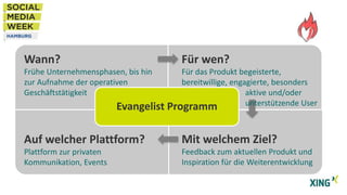 Wann?

Für wen?

Frühe Unternehmensphasen, bis hin
zur Aufnahme der operativen
Geschäftstätigkeit

Für das Produkt begeisterte,
bereitwillige, engagierte, besonders
aktive und/oder
unterstützende User
Evangelist Programm

Auf welcher Plattform?

Mit welchem Ziel?

Plattform zur privaten
Kommunikation, Events

Feedback zum aktuellen Produkt und
Inspiration für die Weiterentwicklung

 