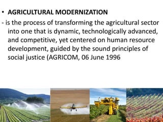 • AGRICULTURAL MODERNIZATION
- is the process of transforming the agricultural sector
into one that is dynamic, technologically advanced,
and competitive, yet centered on human resource
development, guided by the sound principles of
social justice (AGRICOM, 06 June 1996
 