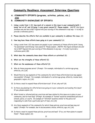Community Readiness Assessment Interview Questions
A. COMMUNITY EFFORTS (programs, activities, policies, etc.)
   AND
B. COMMUNITY KNOWLEDGE OF EFFORTS

1. Using a scale from 1-10, how much of a concern is this issue in your community (with 1
   being “not at all” and 10 being “a very great concern”)? Please explain. (NOTE: this figure
   between one and ten is NOT figured into your scoring of this dimension in any way – it is only to
   provide a reference point.)

2. Please describe the efforts that are available in your community to address this issue. (A)

3. How long have these efforts been going on in your community? (A)

4. Using a scale from 1-10, how aware are people in your community of these efforts (with 1 being
   "no awareness" and 10 being "very aware")? Please explain. (NOTE: this figure between one and
   ten is NOT figured into your scoring of this dimension in any way – it is only to provide a
   reference point.) (B)

5. What does the community know about these efforts or activities? (B)

6. What are the strengths of these efforts? (B)

7. What are the weaknesses of these efforts? (B)

8. Who do these programs serve? (Prompt: For example, individuals of a certain age group,
   ethnicity, etc.) (A)

9. Would there be any segments of the community for which these efforts/services may appear
   inaccessible? (Prompt: For example, individuals of a certain age group, ethnicity, income level,
   geographic region, etc.) (A)

10. Is there a need to expand these efforts/services? If not, why not? (A)

11. Is there any planning for efforts/services going on in your community surrounding this issue?
    If yes, please explain. (A)

12. What formal or informal policies, practices and laws related to this issue are in place in your
    community, and for how long? (Prompt: An example of “formal” would be established policies of
    schools, police, or courts. An example of “informal” would be similar to the police not
    responding to calls from a particular part of town, etc.) (A)

13. Are there segments of the community for which these policies, practices and laws may not
    apply? (Prompt: For example, due to socioeconomic status, ethnicity, age, etc.) (A)

14. Is there a need to expand these policies, practices and laws? If so, are there plans to expand
    them? Please explain. (A)
                                               12
 