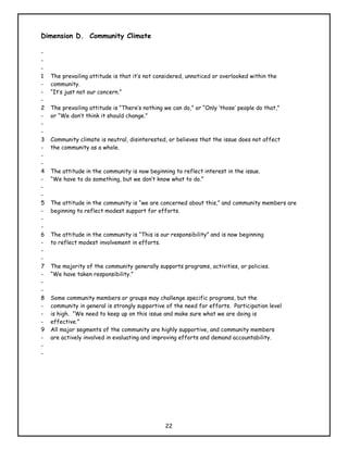 Dimension D. Community Climate

-
-
-
1   The prevailing attitude is that it’s not considered, unnoticed or overlooked within the
-   community.
-   “It’s just not our concern.”
-
2   The prevailing attitude is “There’s nothing we can do,” or “Only ‘those’ people do that,”
-   or “We don’t think it should change.”
-
-
3   Community climate is neutral, disinterested, or believes that the issue does not affect
-   the community as a whole.
-
-
4   The attitude in the community is now beginning to reflect interest in the issue.
-   “We have to do something, but we don’t know what to do.”
-
-
5   The attitude in the community is “we are concerned about this,” and community members are
-   beginning to reflect modest support for efforts.
-
-
6   The attitude in the community is “This is our responsibility” and is now beginning
-   to reflect modest involvement in efforts.
-
-
7   The majority of the community generally supports programs, activities, or policies.
-   “We have taken responsibility.”
-
-
8   Some community members or groups may challenge specific programs, but the
-   community in general is strongly supportive of the need for efforts. Participation level
-   is high. “We need to keep up on this issue and make sure what we are doing is
-   effective.”
9   All major segments of the community are highly supportive, and community members
-   are actively involved in evaluating and improving efforts and demand accountability.
-
-




                                                22
 