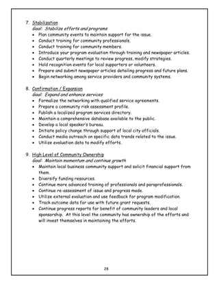 7. Stabilization
   Goal: Stabilize efforts and programs
   •   Plan community events to maintain support for the issue.
   •   Conduct training for community professionals.
   •   Conduct training for community members.
   •   Introduce your program evaluation through training and newspaper articles.
   •   Conduct quarterly meetings to review progress, modify strategies.
   •   Hold recognition events for local supporters or volunteers.
   •   Prepare and submit newspaper articles detailing progress and future plans.
   •   Begin networking among service providers and community systems.

8. Confirmation / Expansion
   Goal: Expand and enhance services
   •   Formalize the networking with qualified service agreements.
   •   Prepare a community risk assessment profile.
   •   Publish a localized program services directory.
   •   Maintain a comprehensive database available to the public.
   •   Develop a local speaker’s bureau.
   •   Initiate policy change through support of local city officials.
   •   Conduct media outreach on specific data trends related to the issue.
   •   Utilize evaluation data to modify efforts.

9. High Level of Community Ownership
   Goal: Maintain momentum and continue growth
   •   Maintain local business community support and solicit financial support from
       them.
   •   Diversify funding resources.
   •   Continue more advanced training of professionals and paraprofessionals.
   •   Continue re-assessment of issue and progress made.
   •   Utilize external evaluation and use feedback for program modification.
   •   Track outcome data for use with future grant requests.
   •   Continue progress reports for benefit of community leaders and local
       sponsorship. At this level the community has ownership of the efforts and
       will invest themselves in maintaining the efforts.




                                       28
 
